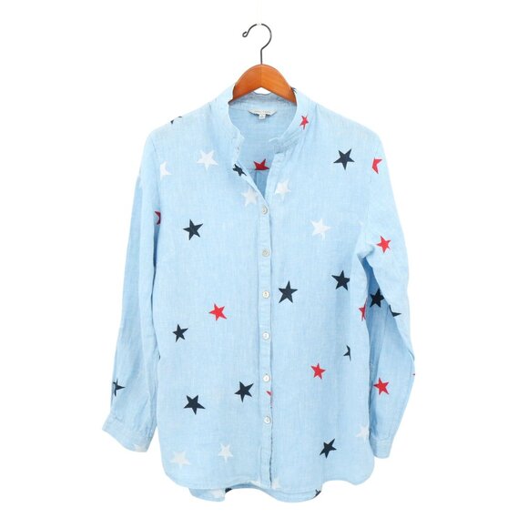 John Mark Linen Embroidered Red White Blue Stars Button Down Shirt Top L - Picture 1 of 6